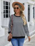 Black plaid pattern long sleeve pullover sweater with printing detail