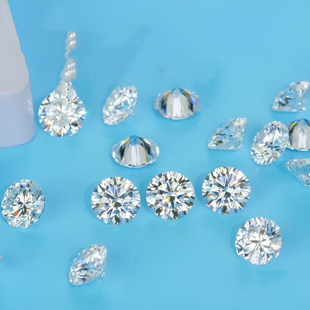 Round moissanite gem stone with eight hearts and eight arrows cut showing light reflection patterns