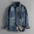 Men's light blue washed vintage denim shirt with loose cardigan fit and long sleeves