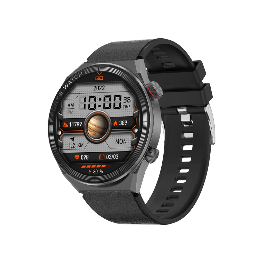 Large screen Bluetooth calling smart watch with black case and leather strap showing display interface