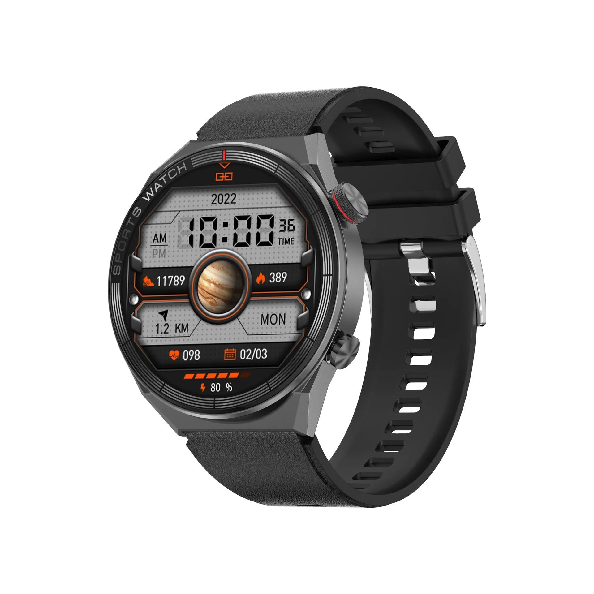 Large screen Bluetooth calling smart watch with black case and leather strap showing display interface