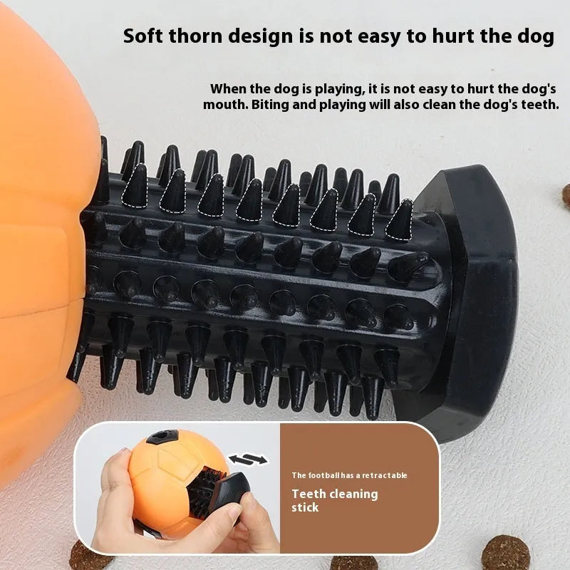 Orange and white TPR dog toy balls for chewing, one hollow and one with a teeth cleaning stick.