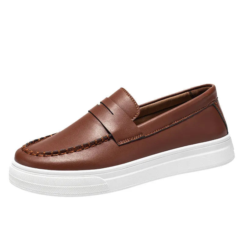 Men's casual leather slip-on shoes with round toe in black and white, khaki, or white options