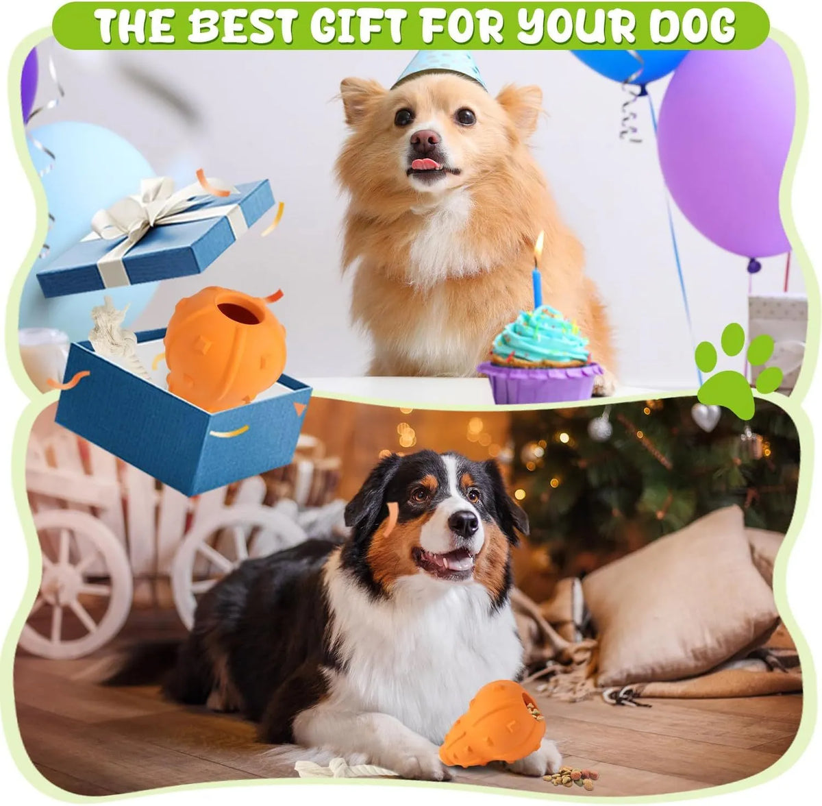 Natural rubber stuffable dog toy with a long strap for fetch, shown with treats inside the hollow centre.