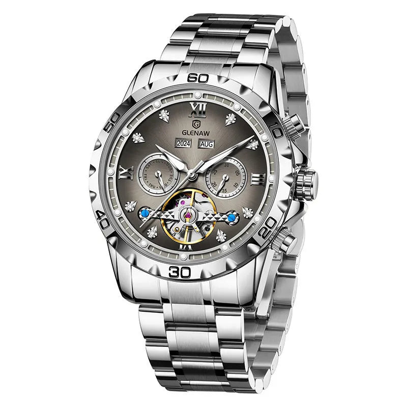 Men's automatic mechanical watch with stainless steel strap and mineral glass in business style