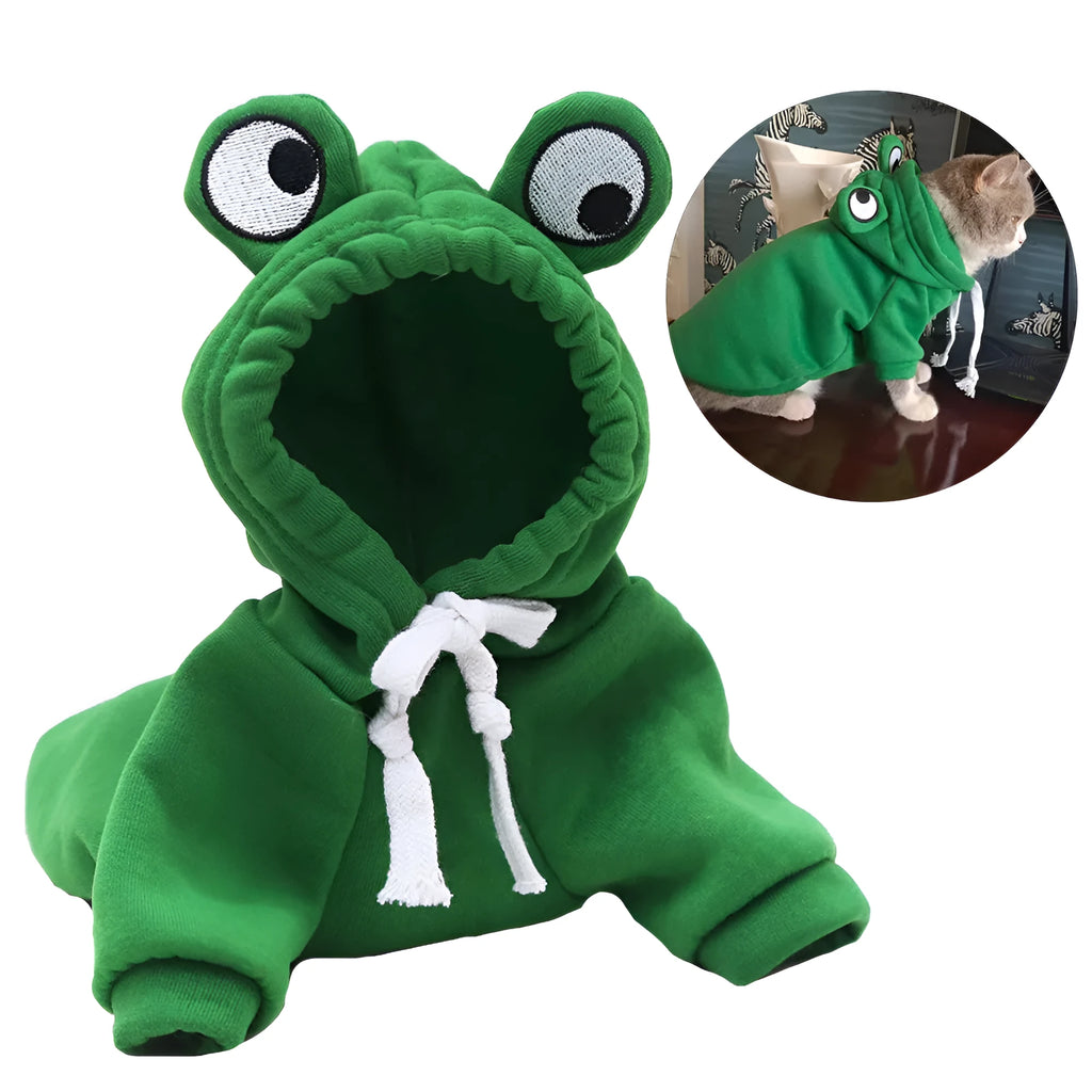 Green frog pattern hoodie on a small dog, showing hood and soft material, for Halloween cosplay.