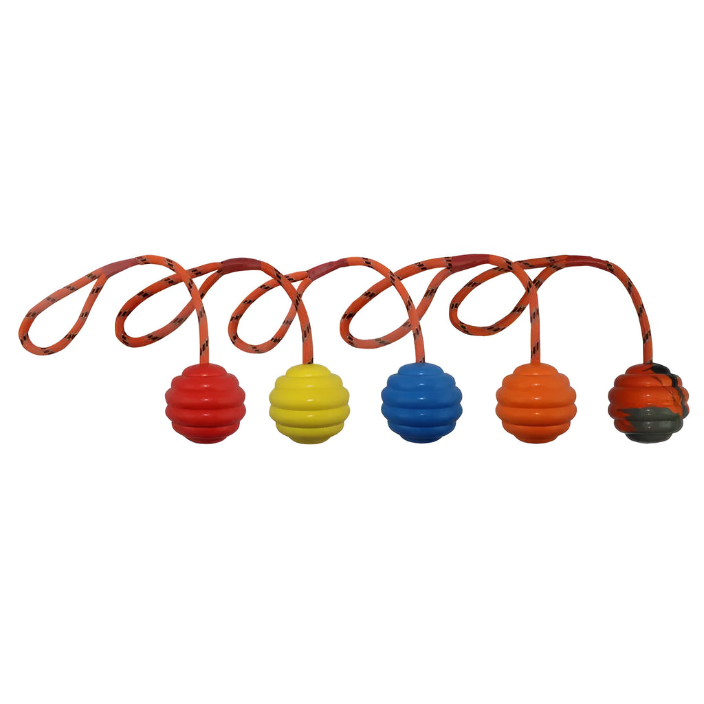 Multi-colour rubber pet ball with rope knot design measuring 6x30cm for dogs and cats