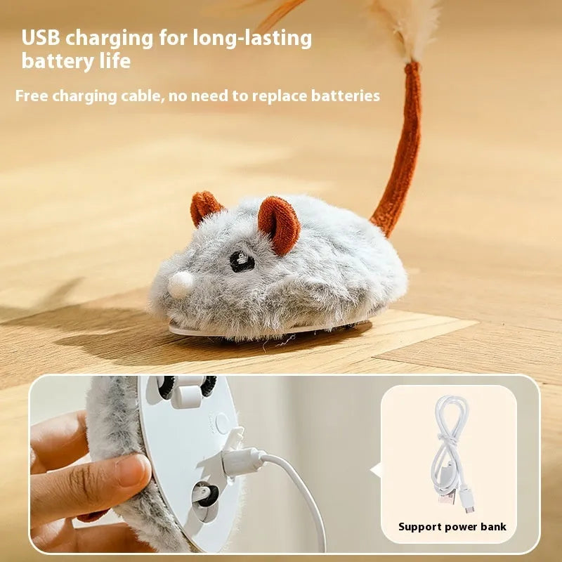 Electric cat toy with rotating plush mouse on telescopic pole showing pink, purple and dark grey colour options