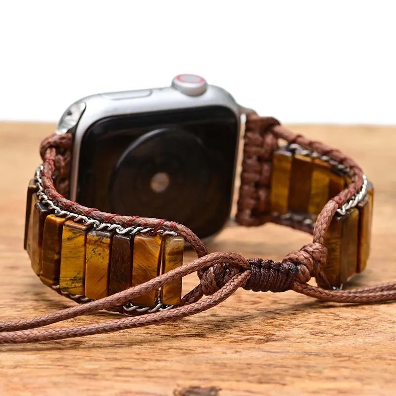 Rectangular tiger eye stone chain watch strap bracelet with adjustable textile band on wrist