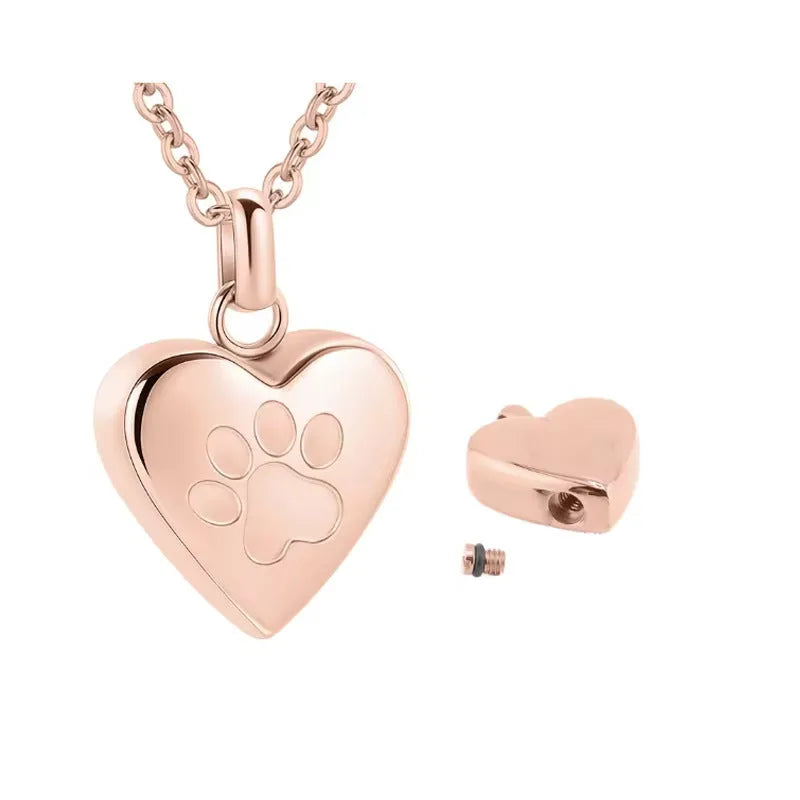 Openable titanium steel heart pendant necklace with engraved paw print for ashes.