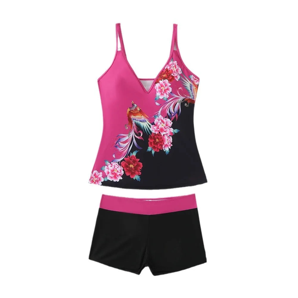 Women's plus size swimsuit briefs in printed black or rose red colours with polyester fabric