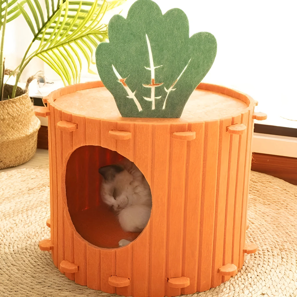 Carrot-shaped grey felt cat tunnel nest, semi-enclosed with drilled openings, shown in two sizes.
