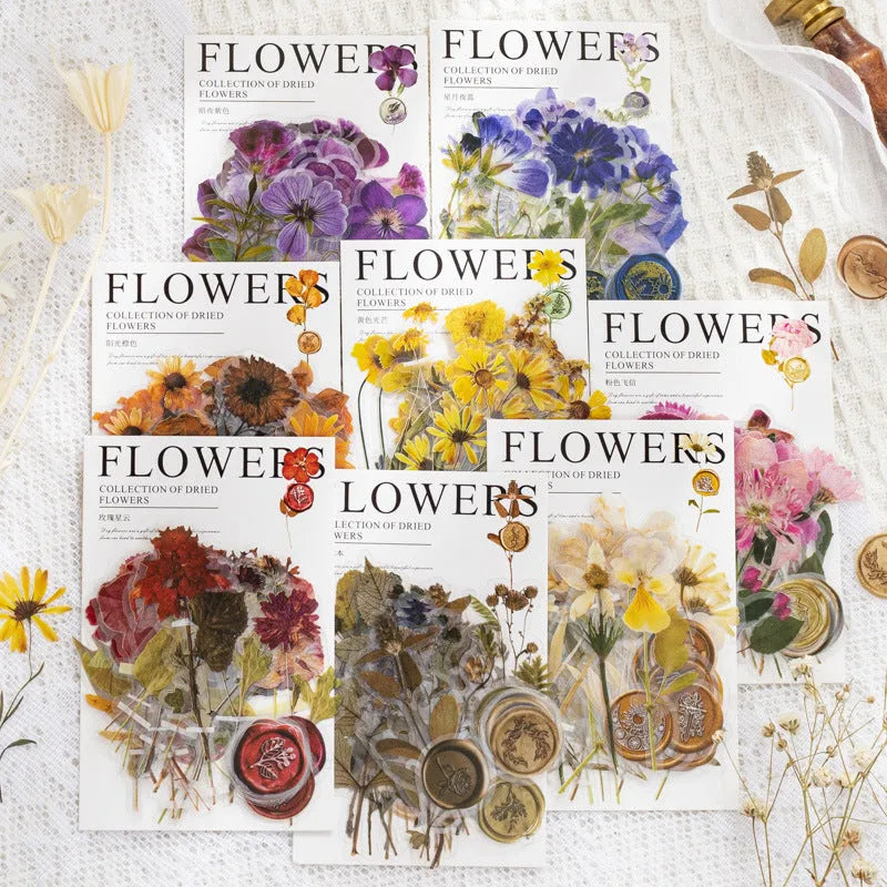 Eight styles of dried flower journal stickers in Dark Night Purple, rose nebula and other colours at 70mm size