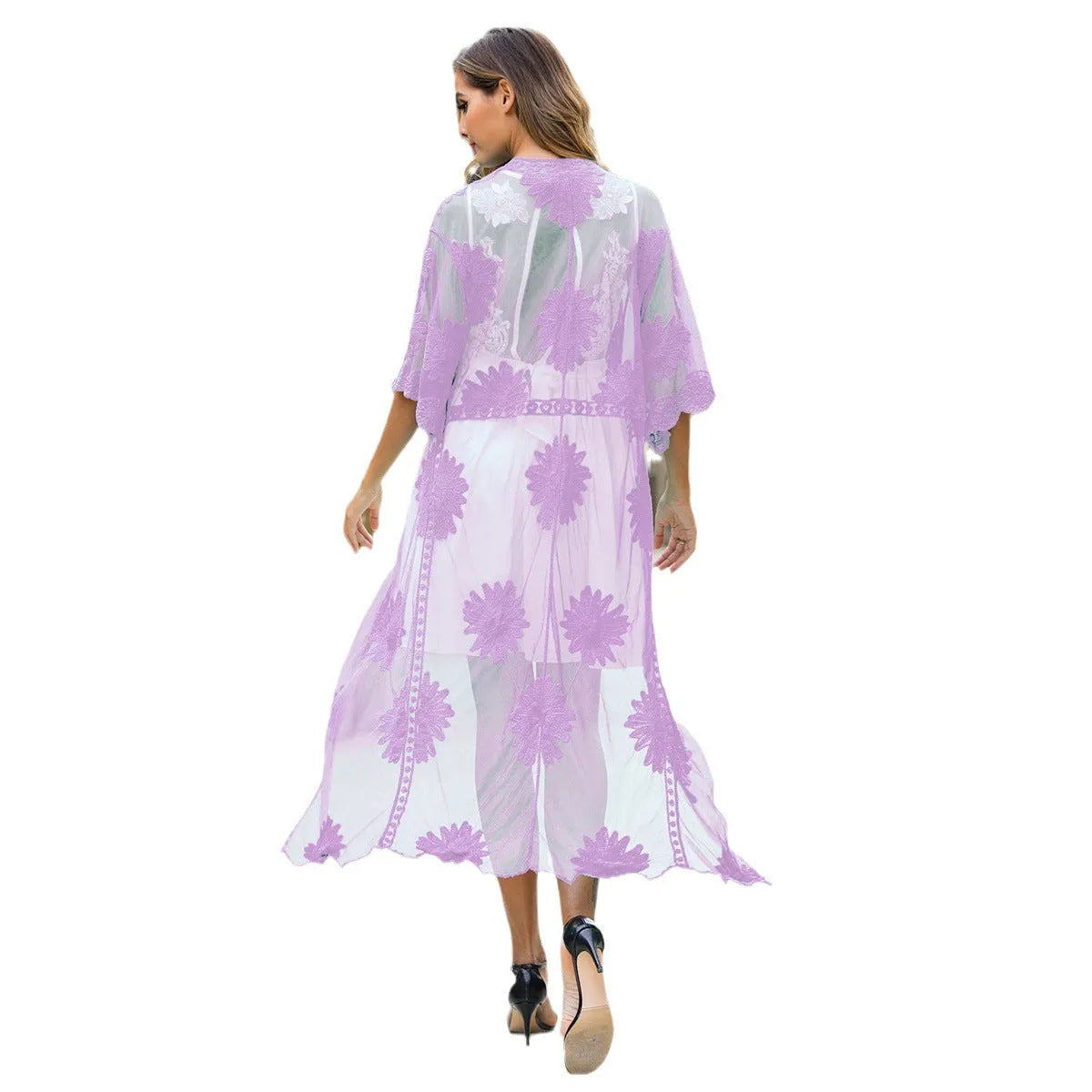 Light purple beach cardigan dress with lace embroidery detail for women's swim cover-up