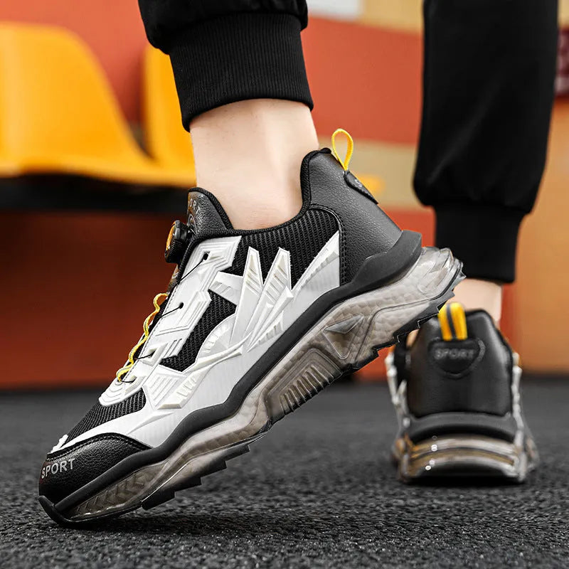 Men's black rotating button platform casual sneakers with mesh upper on a rubber sole.