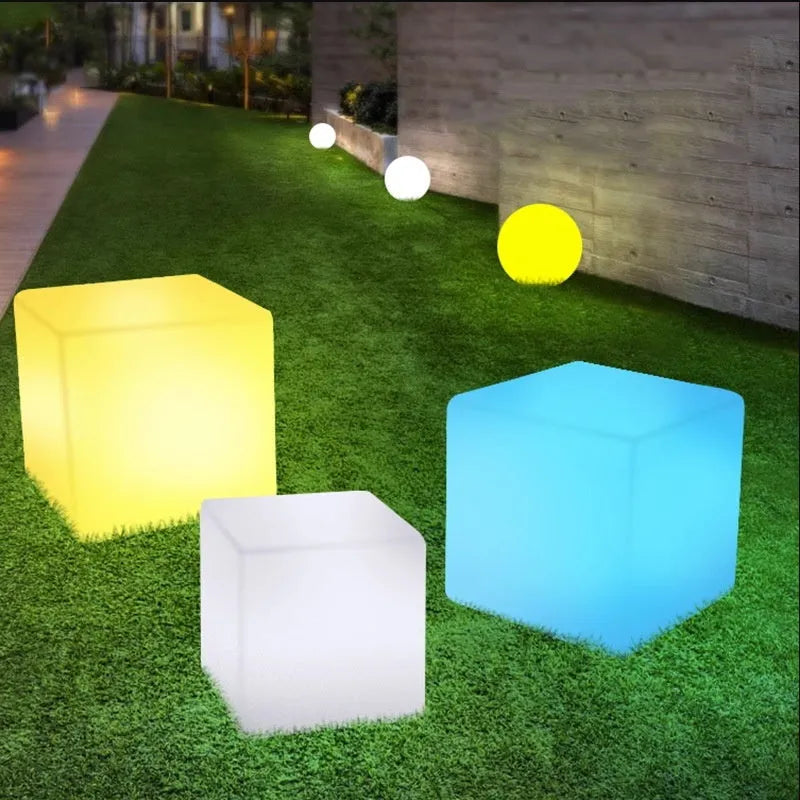 Square LED cube light for outdoor garden or patio use with modern design