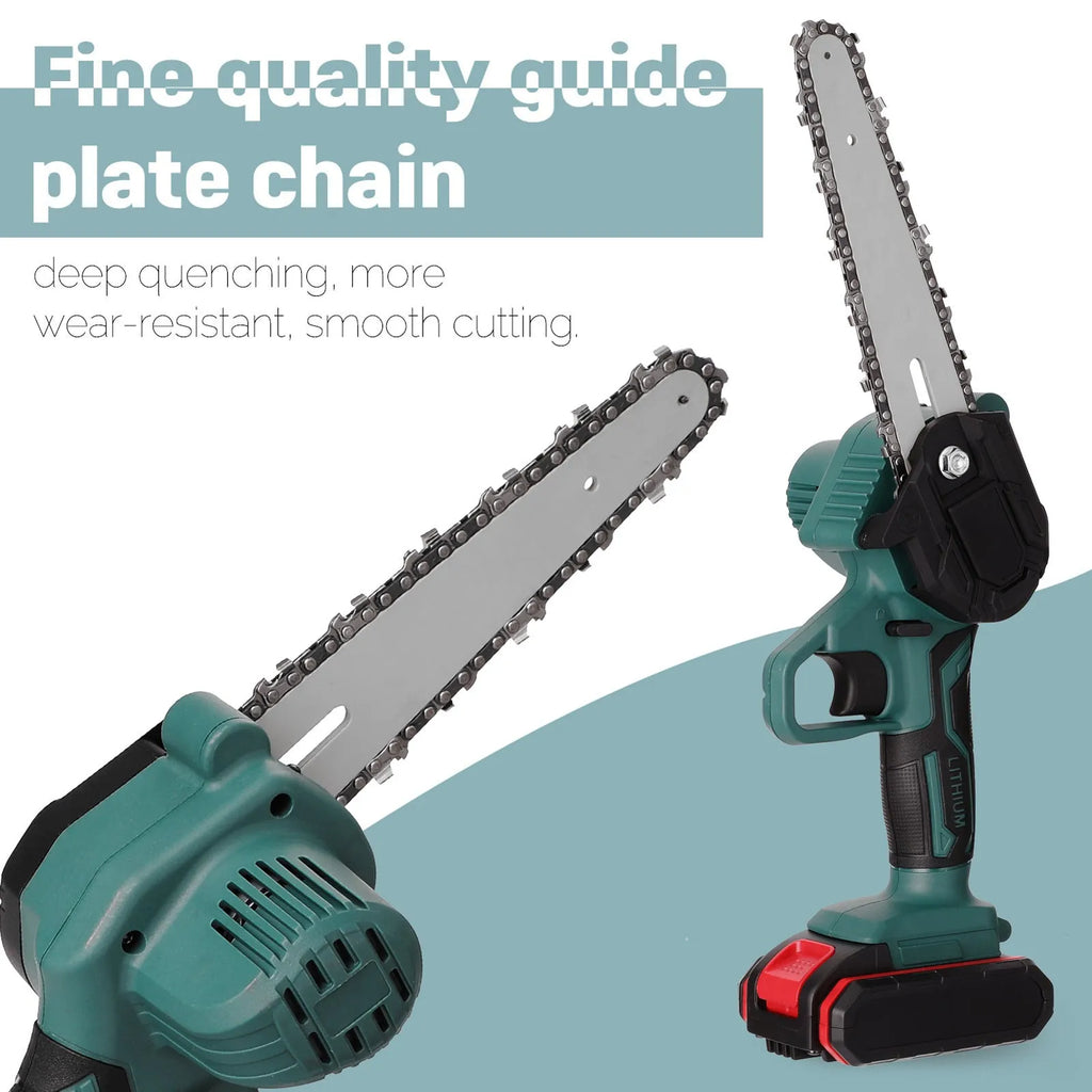 Black mini electric chainsaw with 4-inch guide bar held in one hand