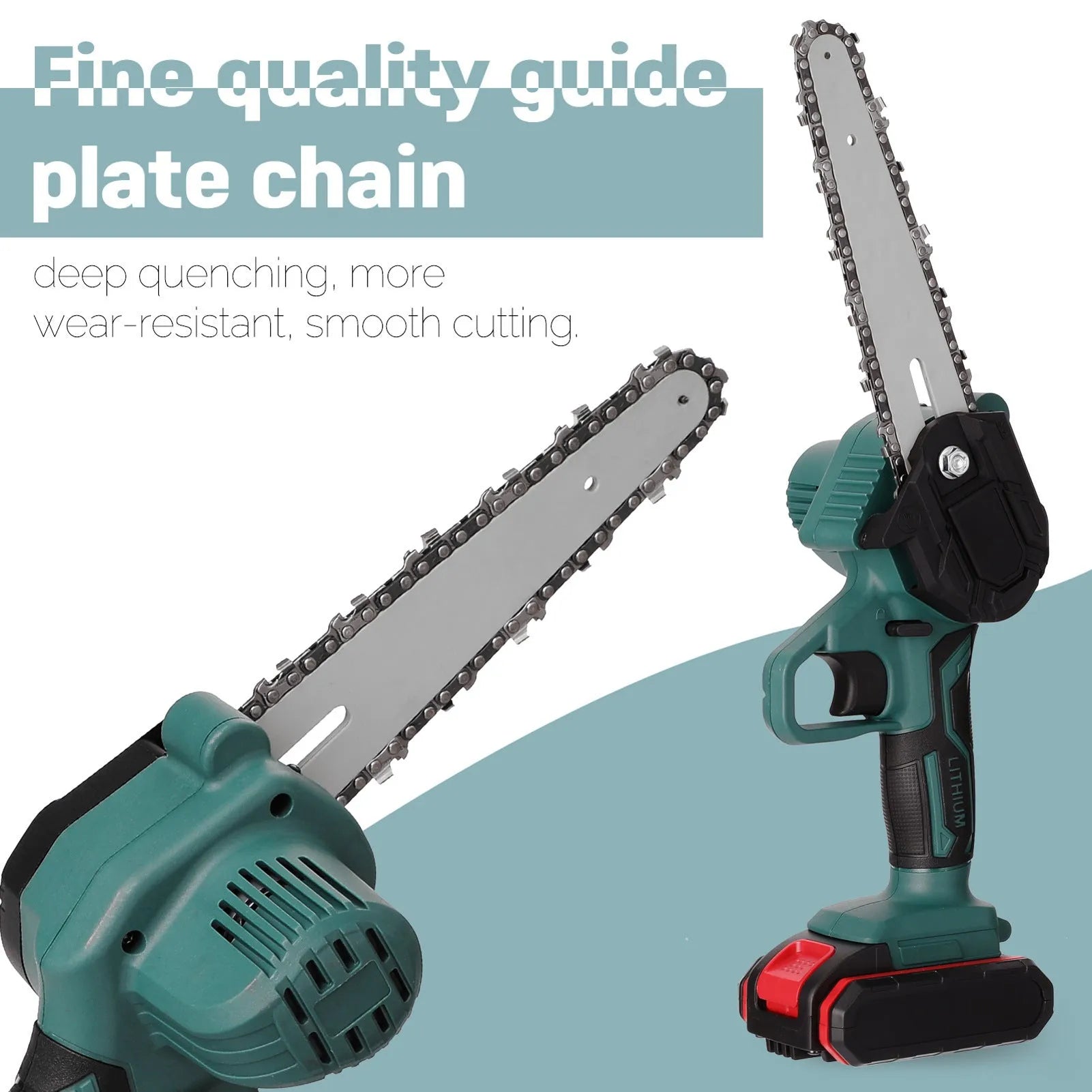 Black mini electric chainsaw with 4-inch guide bar held in one hand