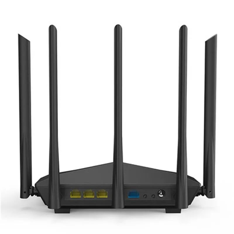 Black AC11 Gigabit wireless router showing four ethernet ports and multiple plug style variants.