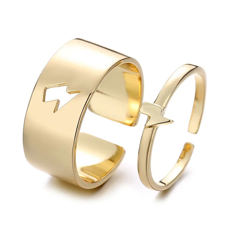 Adjustable copper couple rings with bow and heart design, electroplated in gold or silver, two-piece unisex set