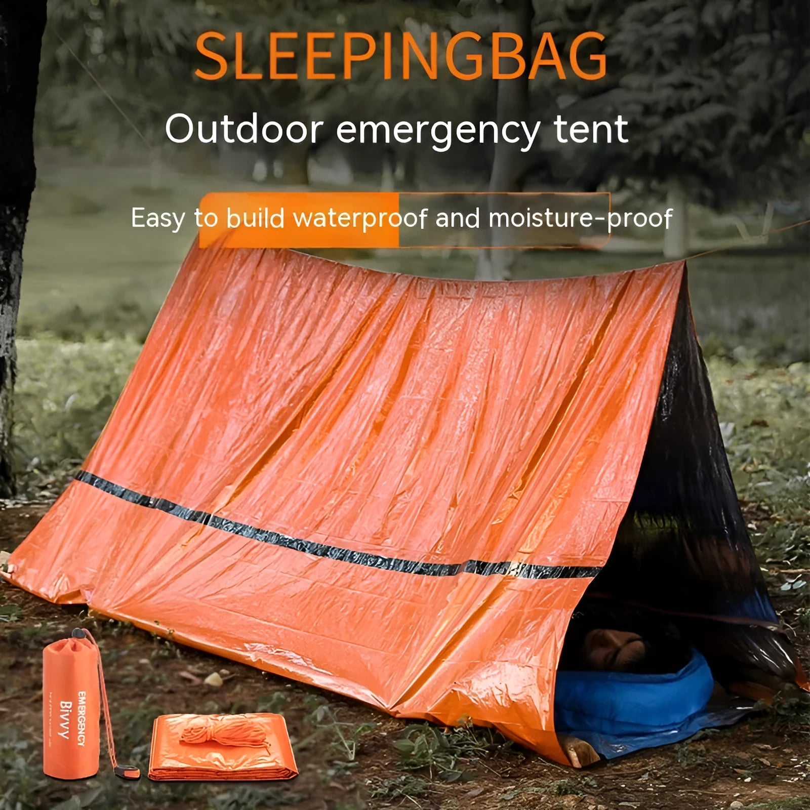 Orange portable outdoor disaster relief tent with emergency blanket and whistle accessory