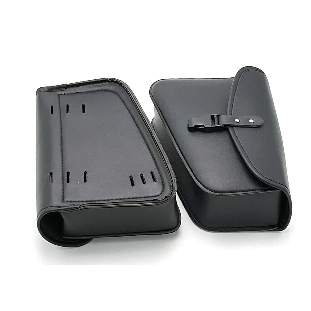 Black PU leather motorcycle swingarm saddlebag mounted on Sportster side
