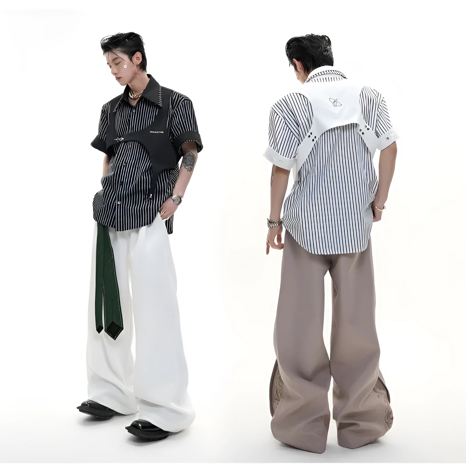 Men's black and white striped cotton shirt with double collar design and short sleeves