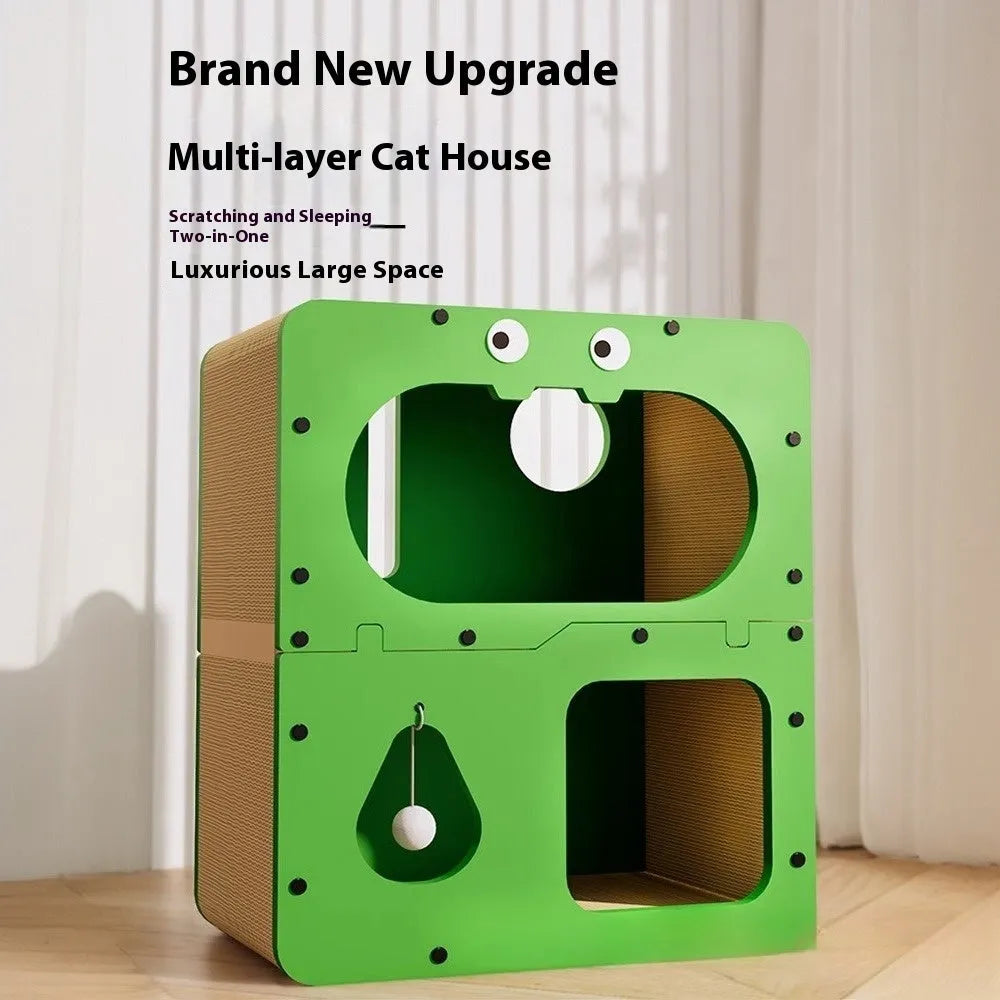 Double-layer cat scratching board and nest in a choice of styles including big eyes, cat head, owl, or double door.