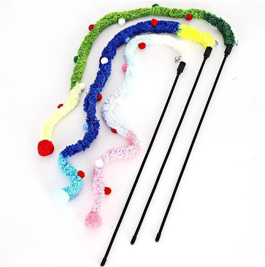 Colourful cat wand toy with plush strip and bell ball on 41cm pole