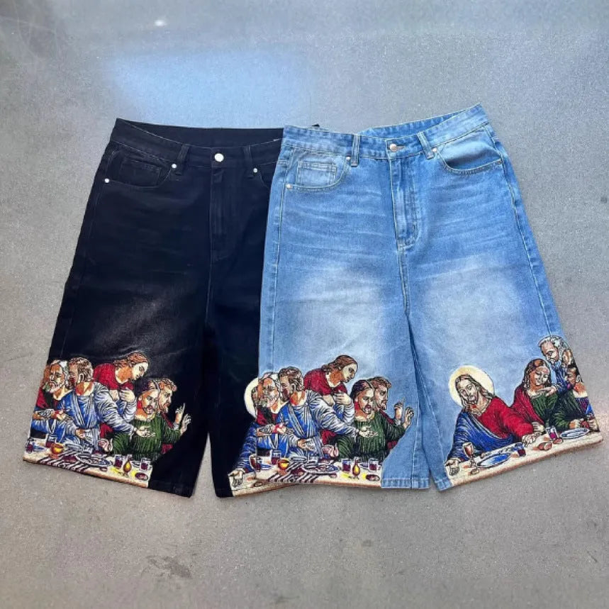Blue tapered men's cotton shorts featuring a Jesus print design on the back pocket.