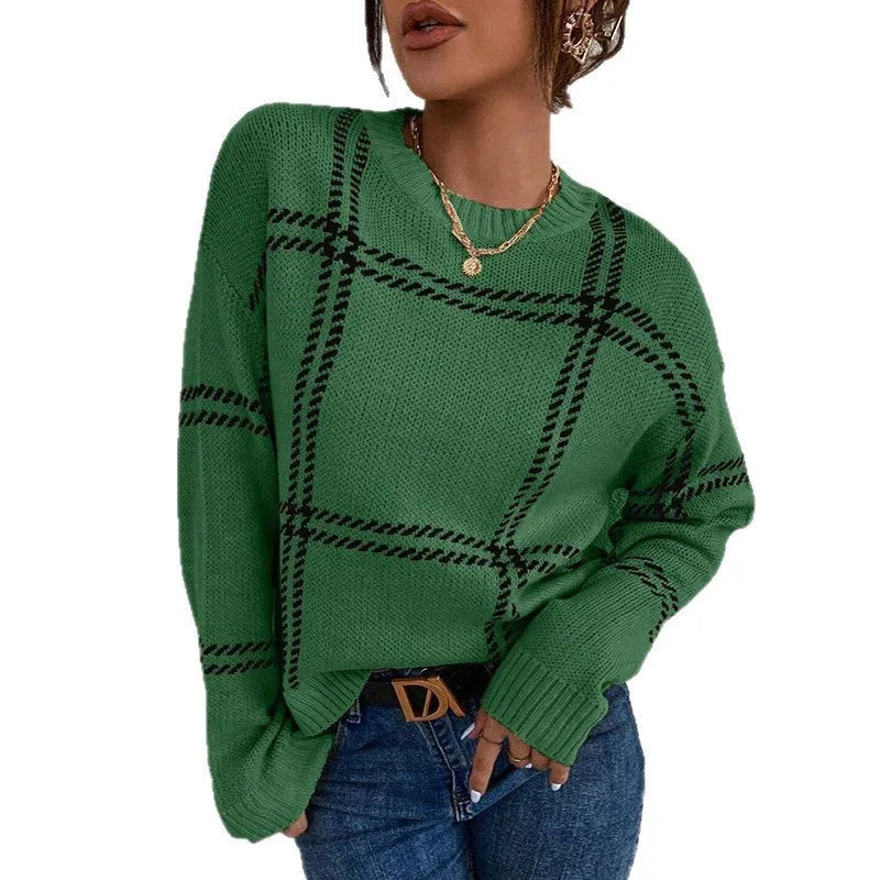 Women's plaid colour-block acrylic sweater with loose fit and crew neck
