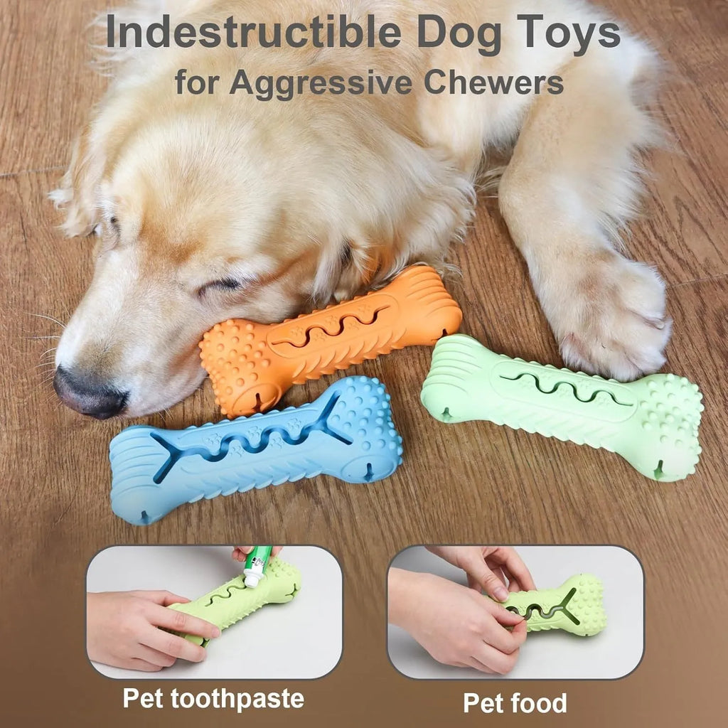 Blue bone-shaped natural rubber dog chew toy with textured surface
