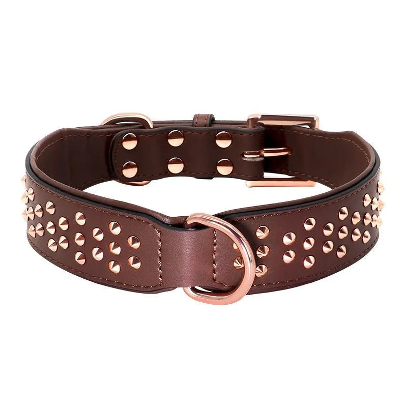 Leather dog collar with metal rivets and a stainless steel D-ring, shown in black, chocolate, and pink colour options.