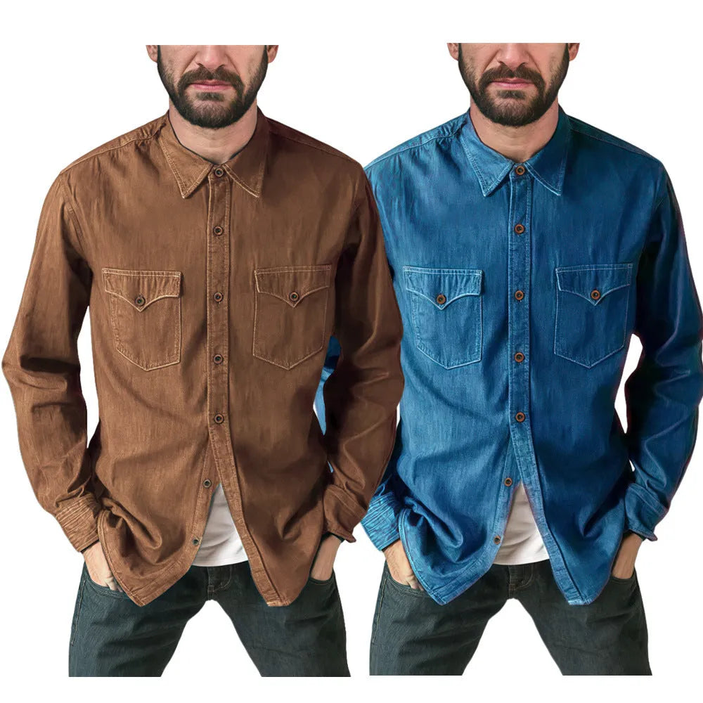 Regular fit denim cardigan coat in khaki on a hanger.