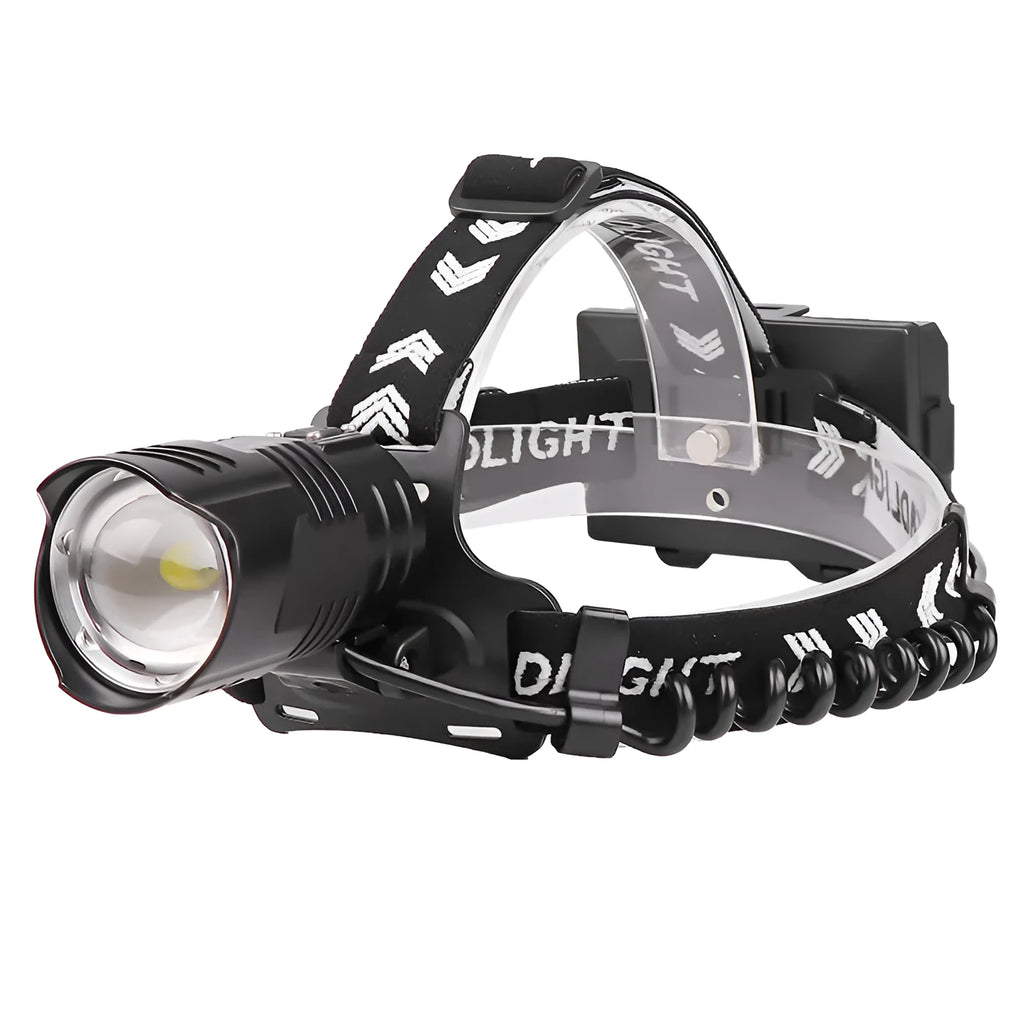Black telescopic zoom headlight with USB charging port, power display, and carved texture on aluminium alloy body.