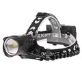 Black telescopic zoom headlight with USB charging port, power display, and carved texture on aluminium alloy body.