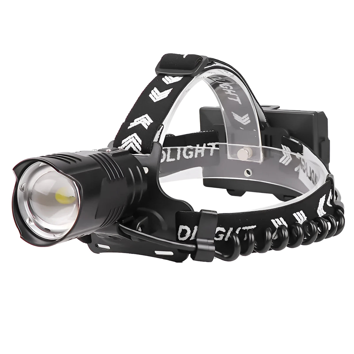 Black telescopic zoom headlight with USB charging port, power display, and carved texture on aluminium alloy body.