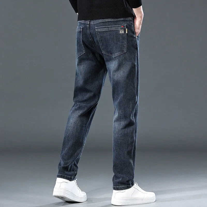 Slim straight casual trousers in blue-grey colour with mid-waist and standard length