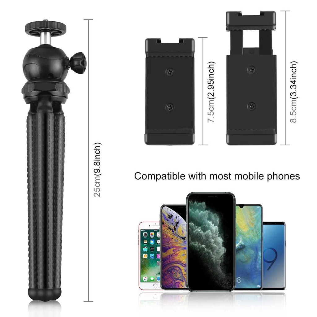 Black octopus-style flexible tripod with LED fill light and microphone for iPhone live streaming