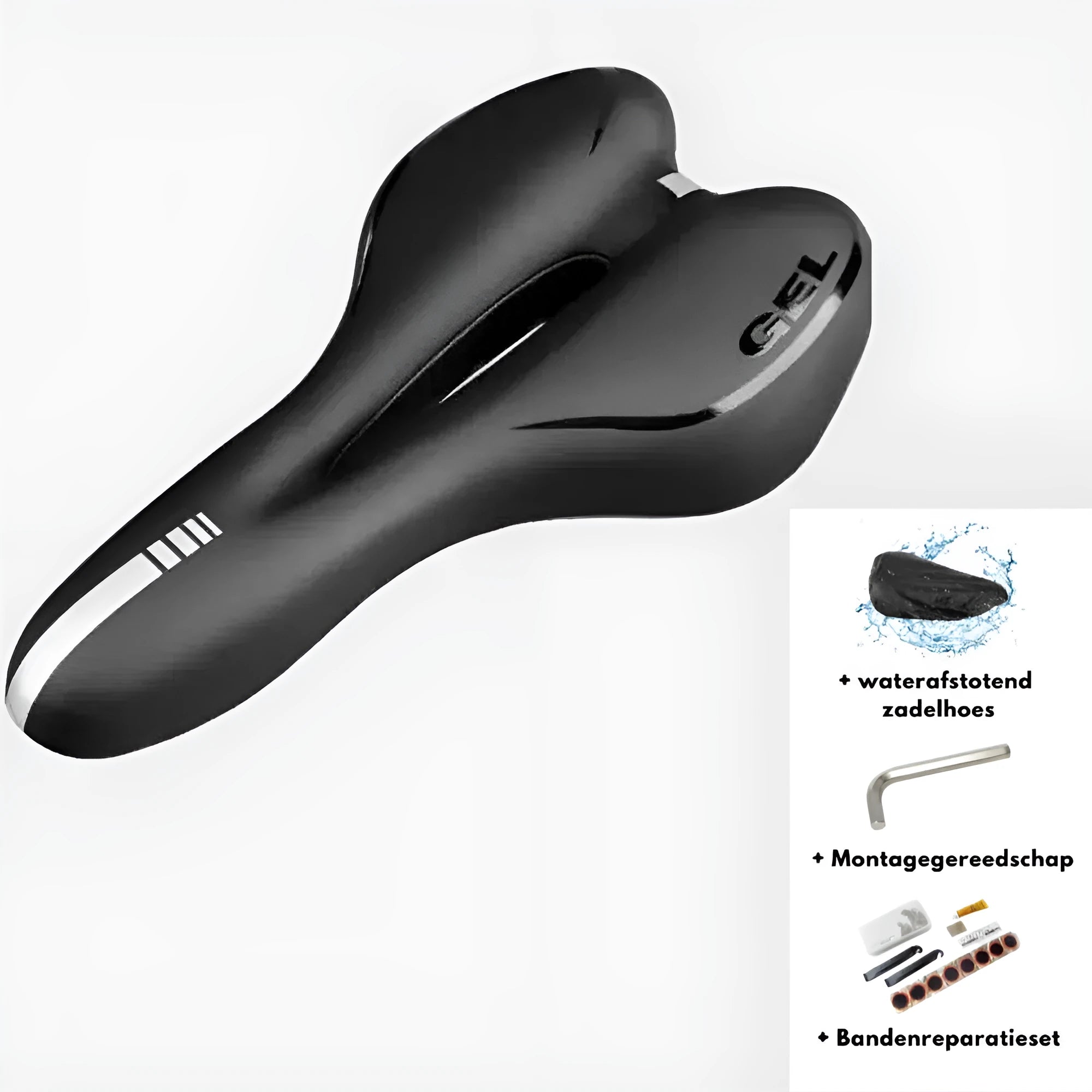 Thick soft silicone bicycle saddle with steel springs, PU leather cover, waterproof cover, wrench, and tyre patch kit.