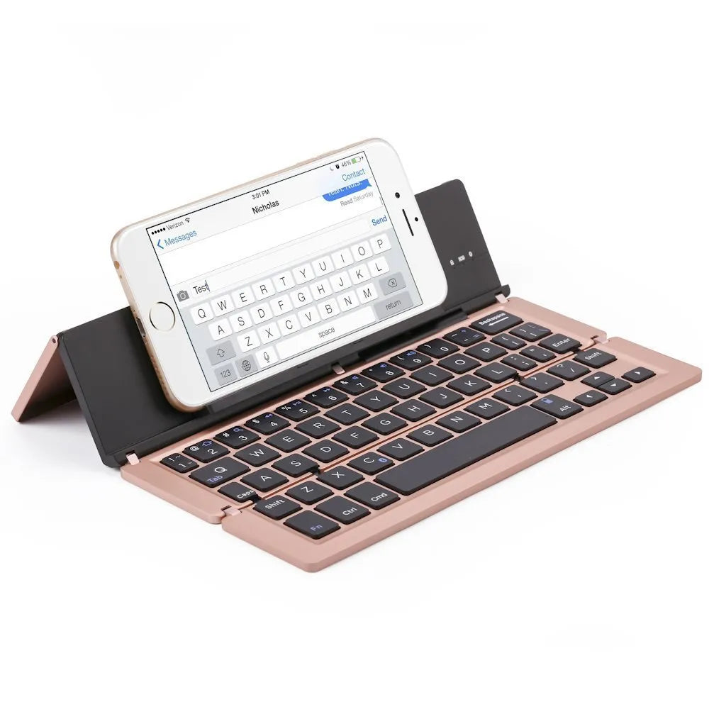 F18 three-fold folding wireless keyboard in aluminum alloy and ABS plastic, 58 keys, 22.6cm wide, Bluetooth, rechargeable.