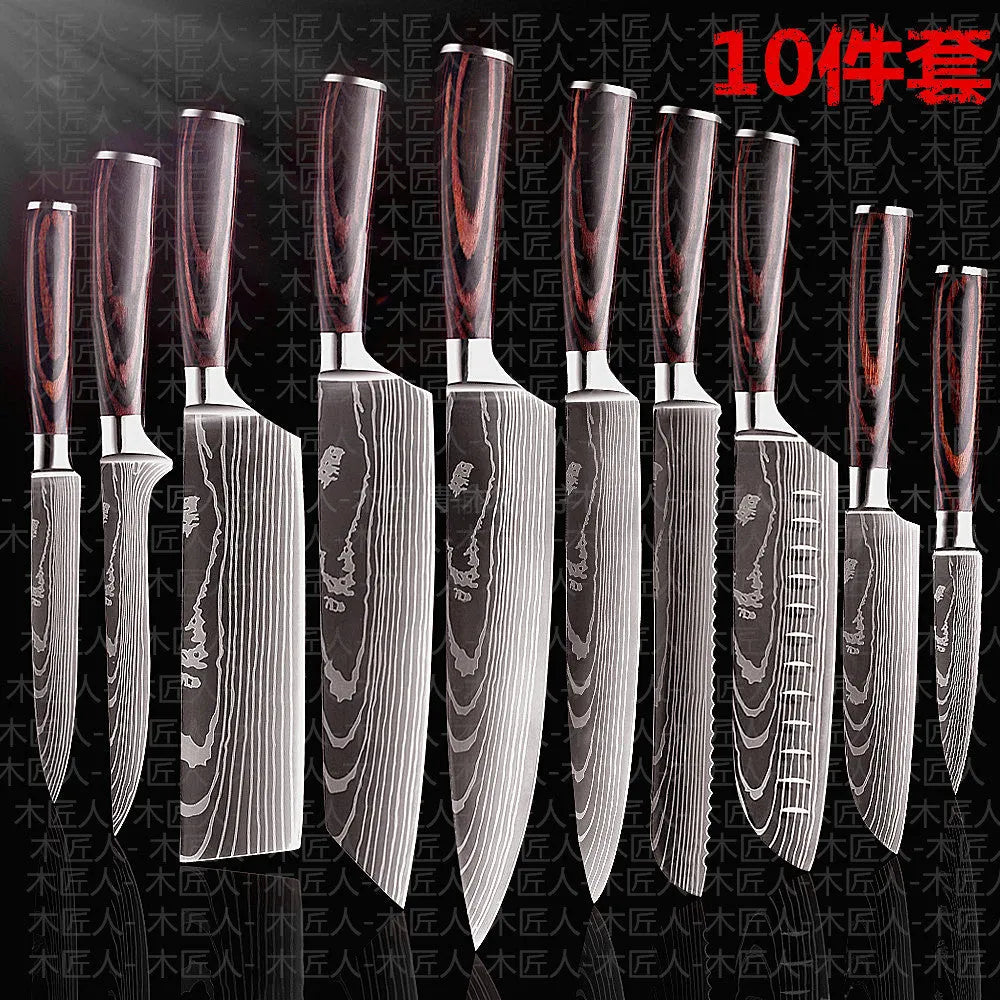 Chef knife with laser Damascus pattern on 7CR17 steel blade and colour steel handle.