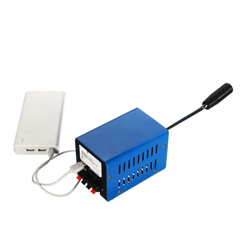Blue metal USB hand crank emergency generator showing handle and output ports