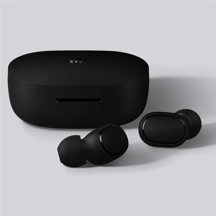 Black Redmi AirDots 2 true wireless earbuds and charging case on a white background.