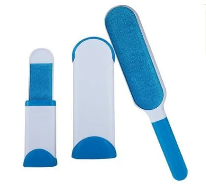 Blue reusable pet hair brush with self-cleaning base for sofas and furniture.