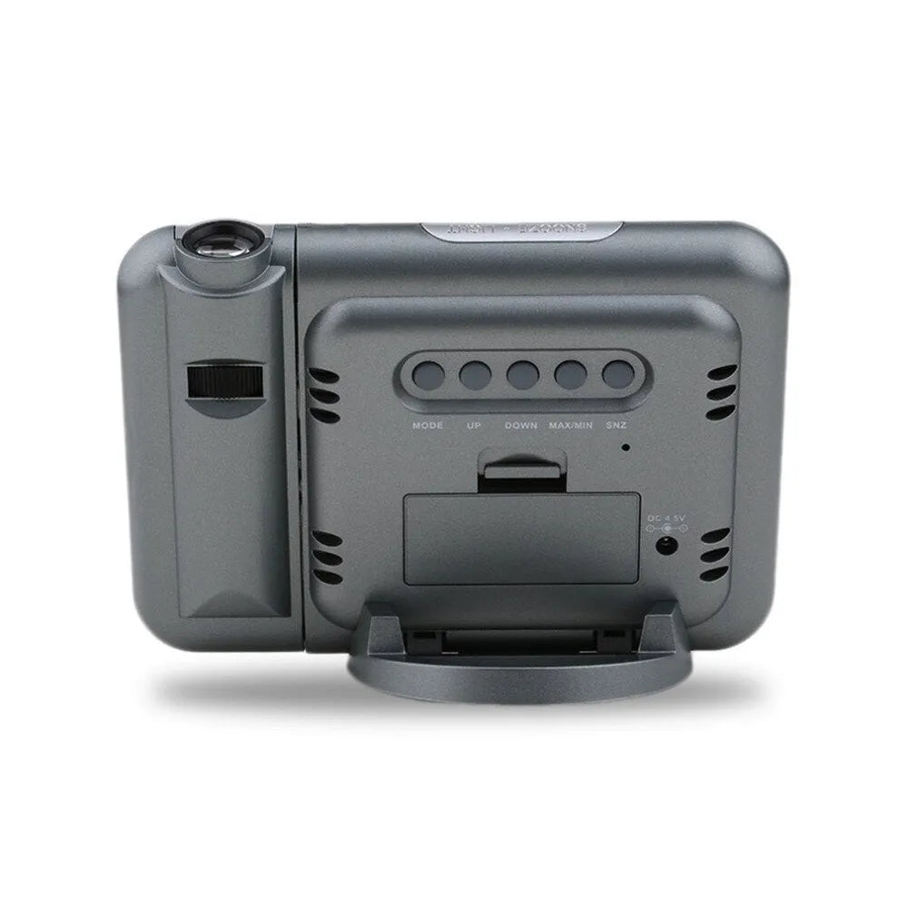 Black digital projection alarm clock with LED display and environmental sensors