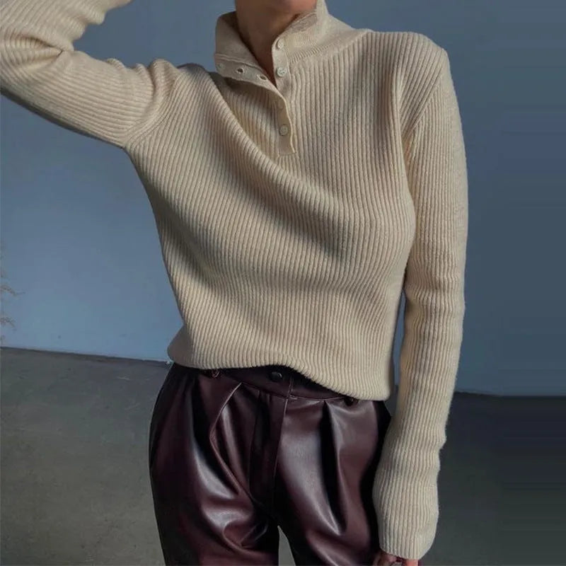 Women's silver grey slim fit half turtleneck pullover sweater with a single-breasted placket.