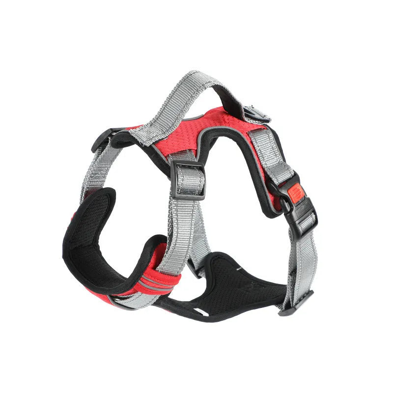 Adjustable polyester dog chest harness in multiple colours with optional hand-holding rope attached.