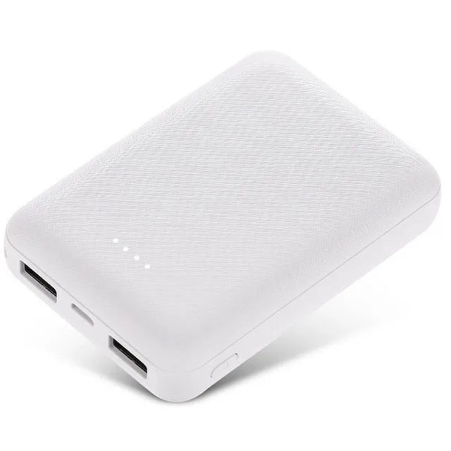 Black and white 10,000mAh ultra-thin power bank with multiple USB ports