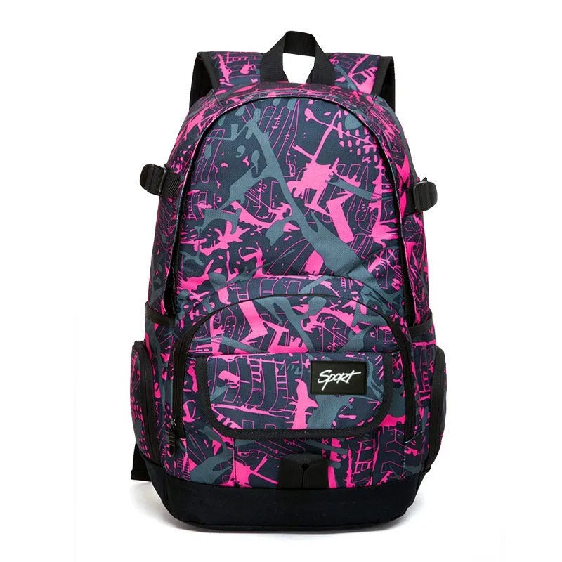Blue nylon backpack with adjustable straps and large main compartment.